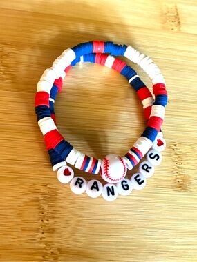 Rangers Beaded Baseball Stretch Bracelet Set-Red, White & Blue
